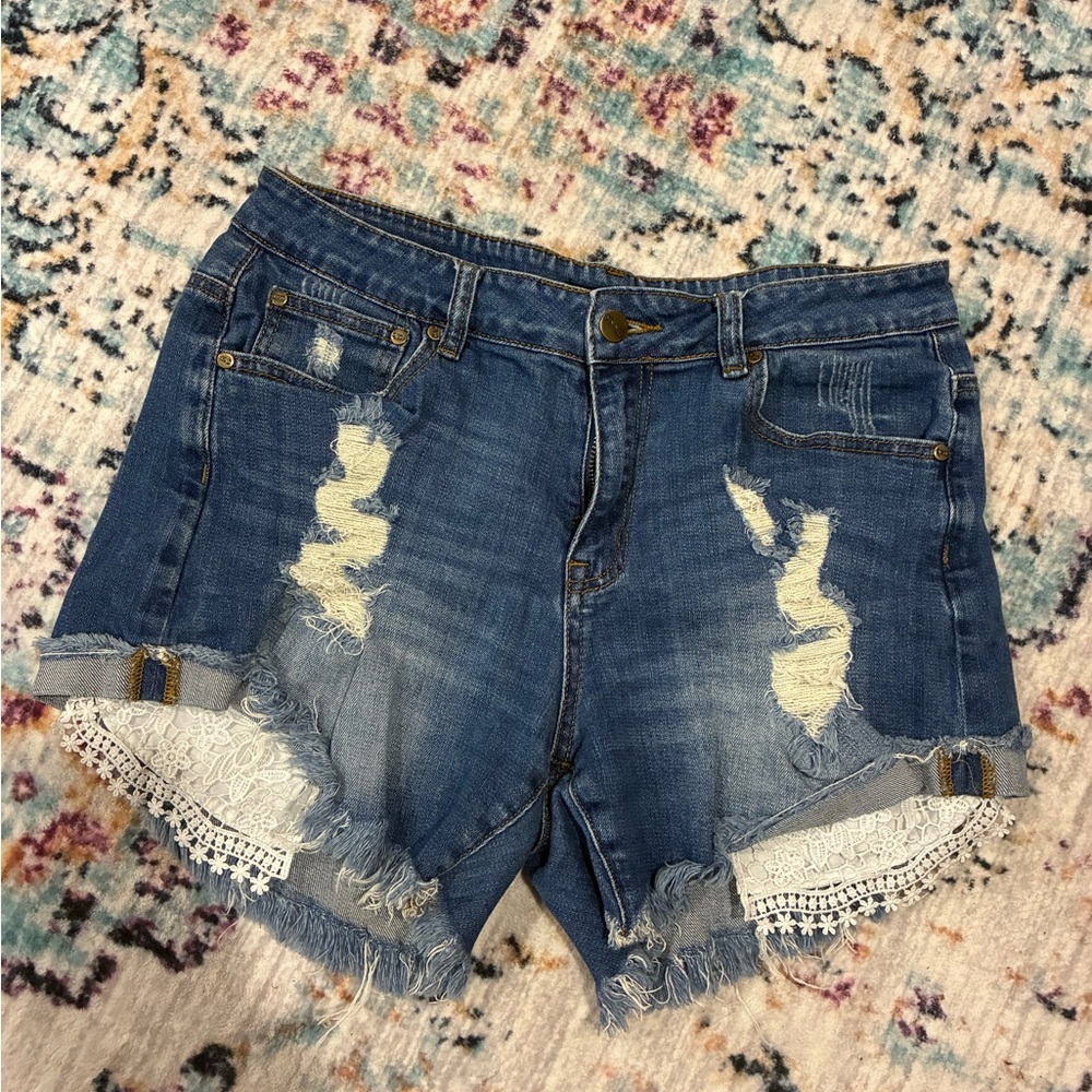 Distressed Denim Women Shorts with Lace Trim - Picture 1 of 3